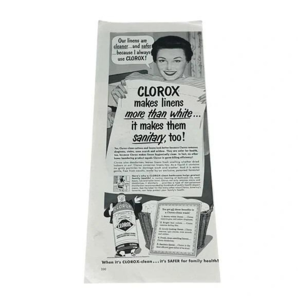 1954 Clorox Our Linens Are Cleaner Original Vintage Print Ad